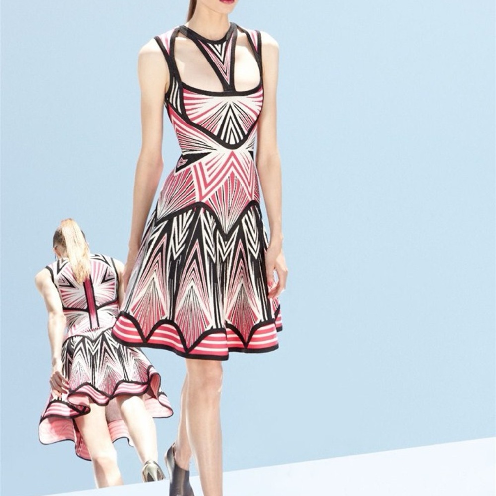 Herve Leger Aztec pattern jacquard knit cutout detail Anaya dress XS